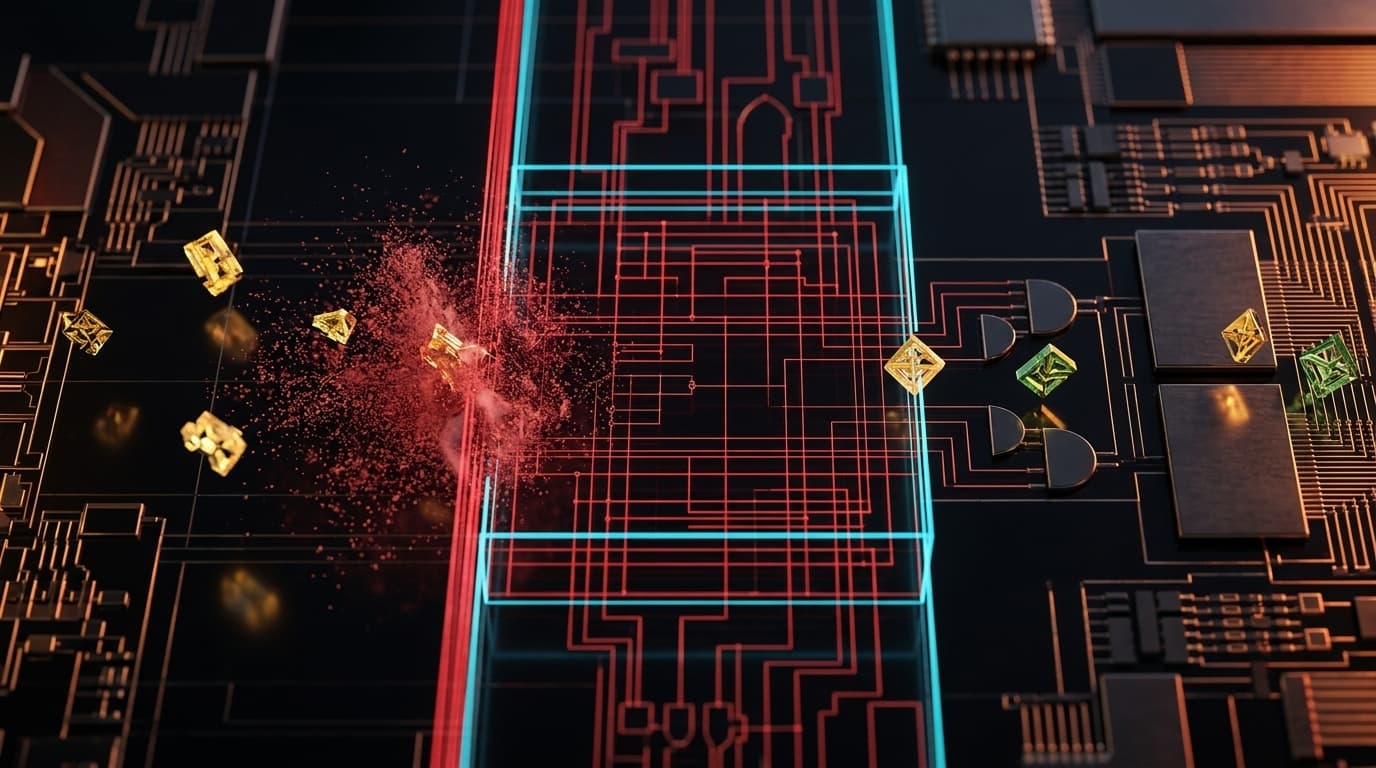Macro silicon wafer logic gates dissolving hallucinated tokens with laser airlock while valid invariant tokens pass to registers