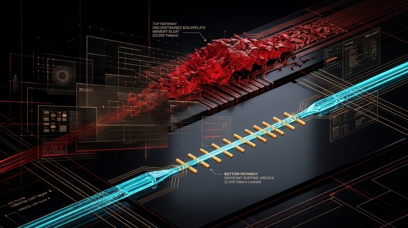 3D schematic comparing unconstrained 25,000-token KV cache buffer overflow with 2,400-token invariant airlock stream